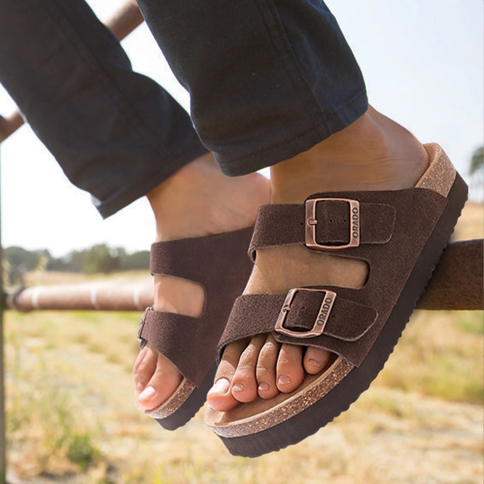 SUEDE DOUBLE STRAP SANDALS